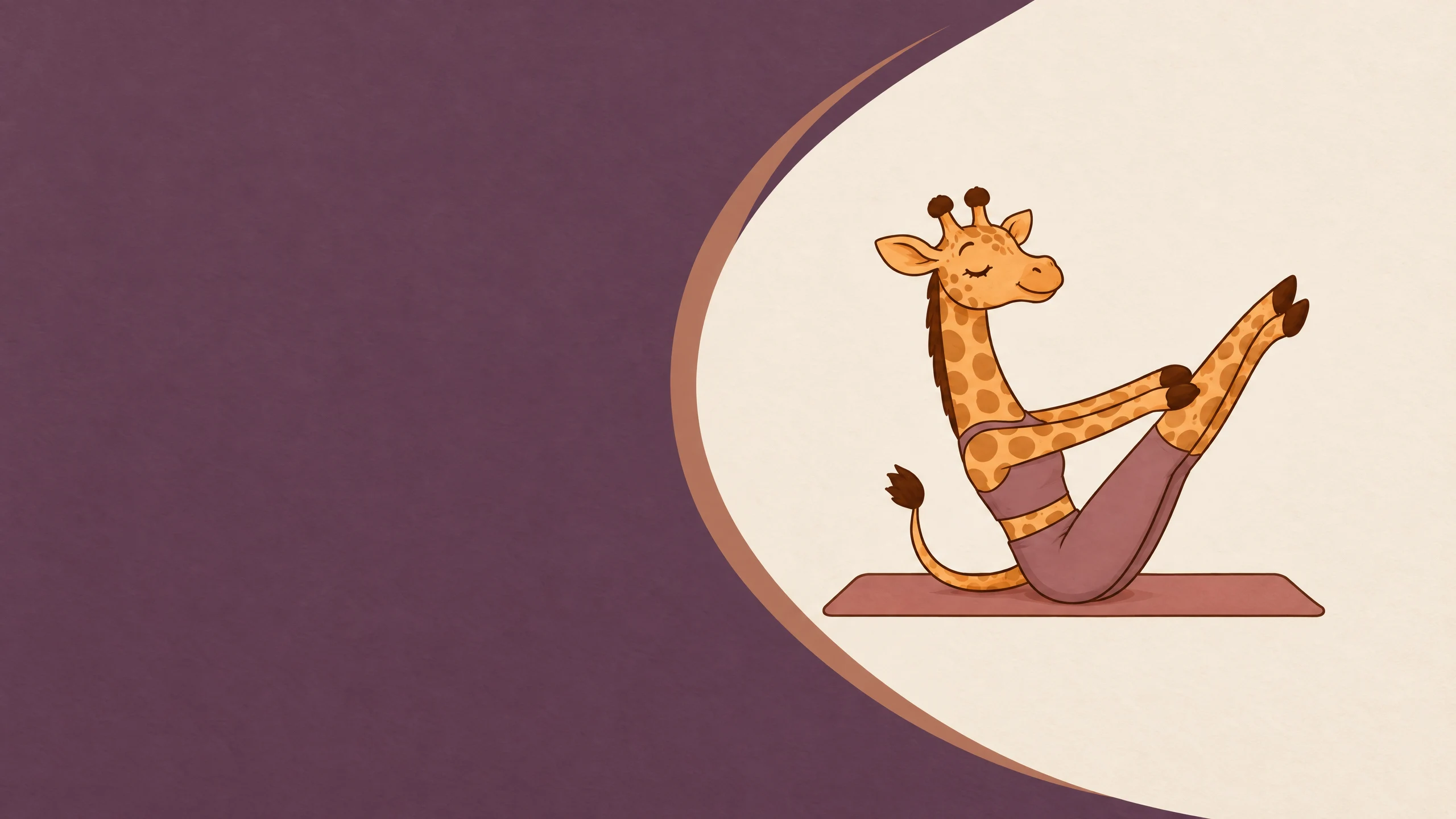 Ilustración de la jirafa Jo en postura de Pilates sobre un mat, enmarcada por una apertura color porcelana